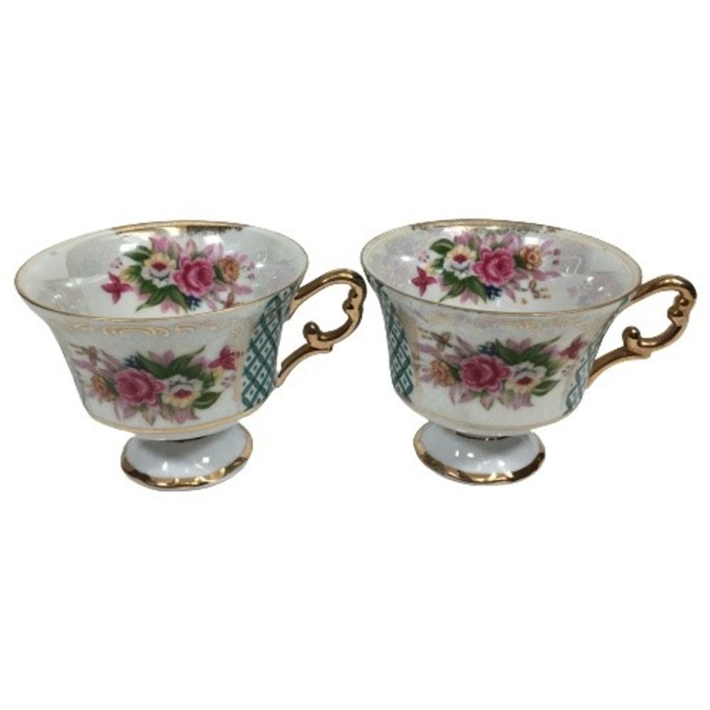 Lipper & Mann Tea Coffee Cup Roses Floral Iridescent Lusterware Pedestal Set 2